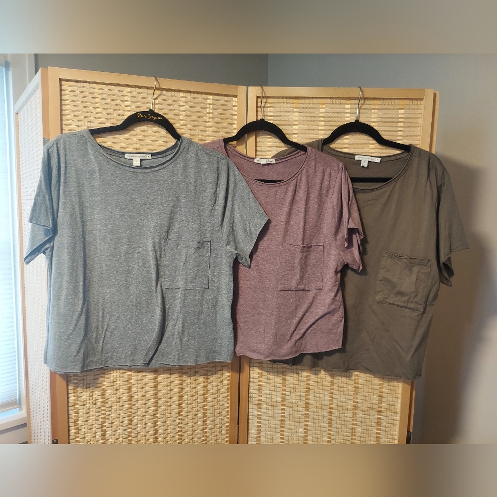 Set of Three Casual Threads For Thought SemiCrop Shirts Blue, Purple, and Olive